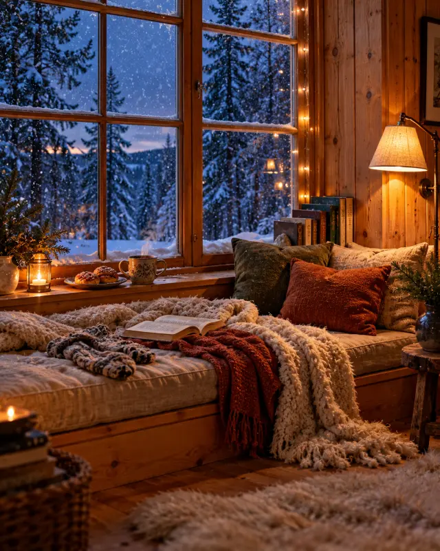 Cozy Cabin Reading Nook During the First Snow