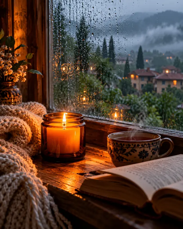 Cozy Candle Product Shot by a Rainy Window