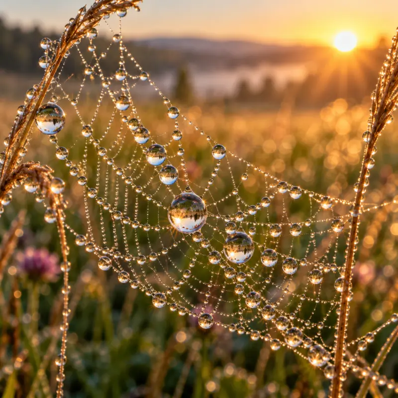 Dew Drops on a Spider Web at Sunrise, Macro