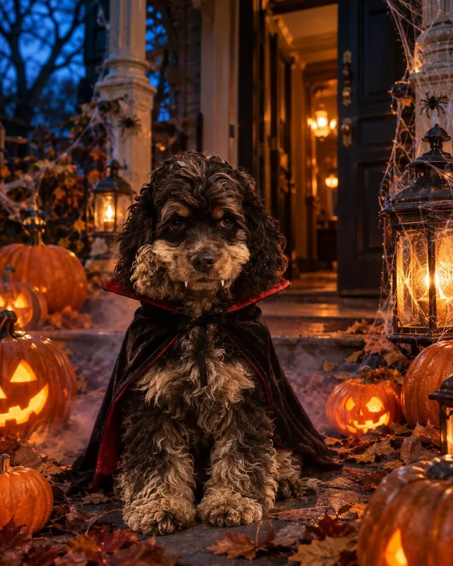 Your Dog as a Little Vampire on a Halloween Porch