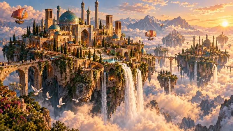 Floating Persian City with Waterfalls at Sunrise