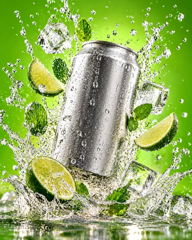 Iced Soda Can with Splash and Ice Cubes