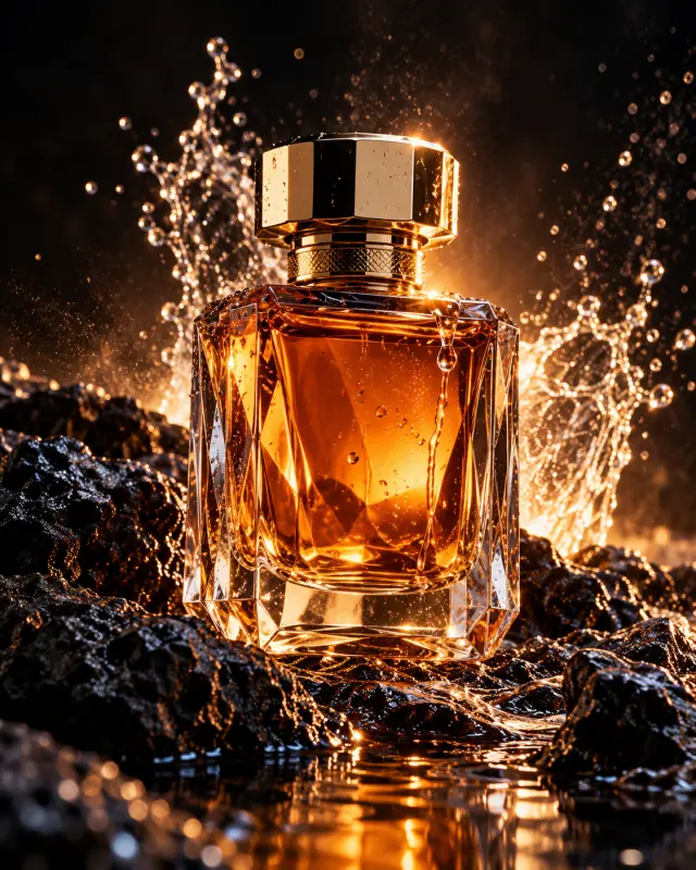 Luxury Perfume Bottle on Wet Black Rocks