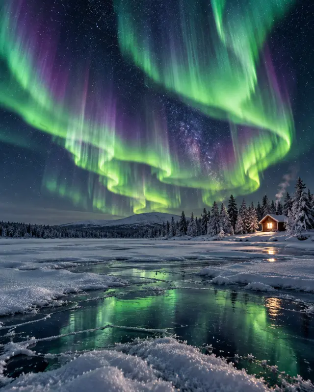 Northern Lights over a Frozen Lake in Lapland