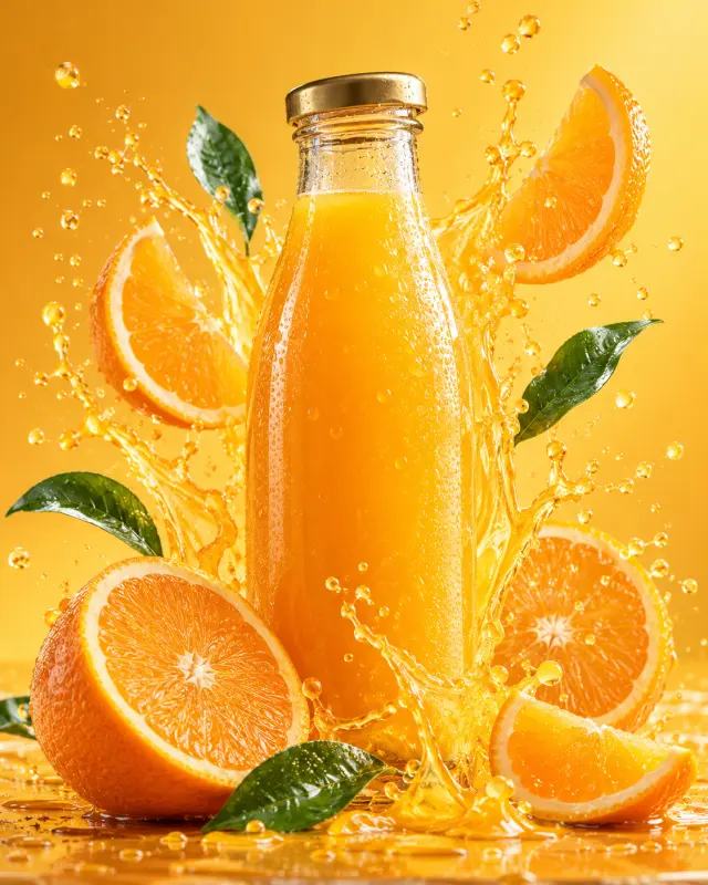 Fresh Orange Juice Bottle with Fruit Splash