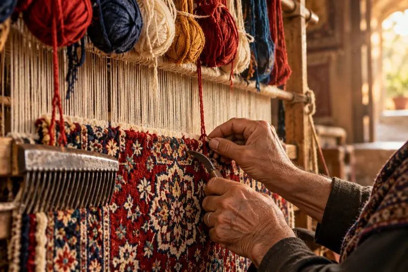 Persian Carpet Weaver's Hands at the Loom