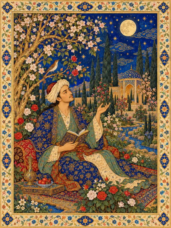 Poet in a Moonlit Persian Garden, Miniature Style