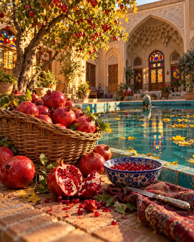 Pomegranate Harvest in an Old Persian Courtyard