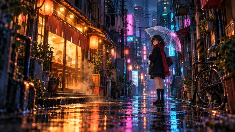 Rainy Neon Alley and Ramen Shop, Anime Scene