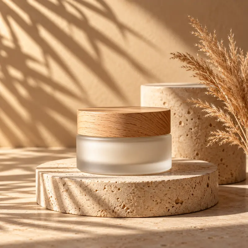 Skincare Jar on a Stone Podium with Leaf Shadows
