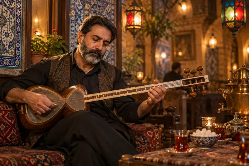 Tar Player in a Candlelit Teahouse