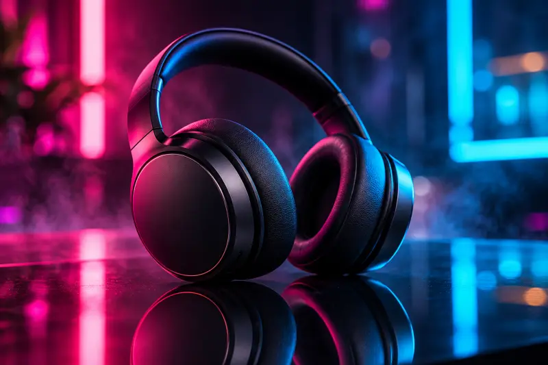 Wireless Headphones on a Neon Reflective Surface