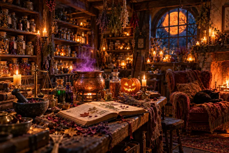 Witch's Apothecary Cottage on Halloween Night
